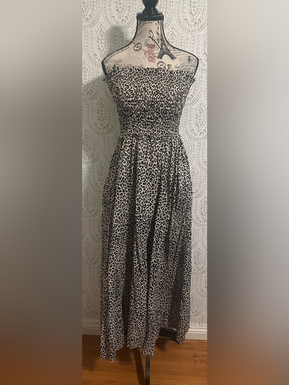 Leopard Print Gathered Maxi  Dress Black and Cream
